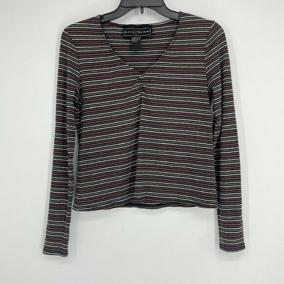 Polly & Esther Blouse Women's Sz L Black Red Striped V Neck Ruched Knit Pullover - Picture 1 of 7